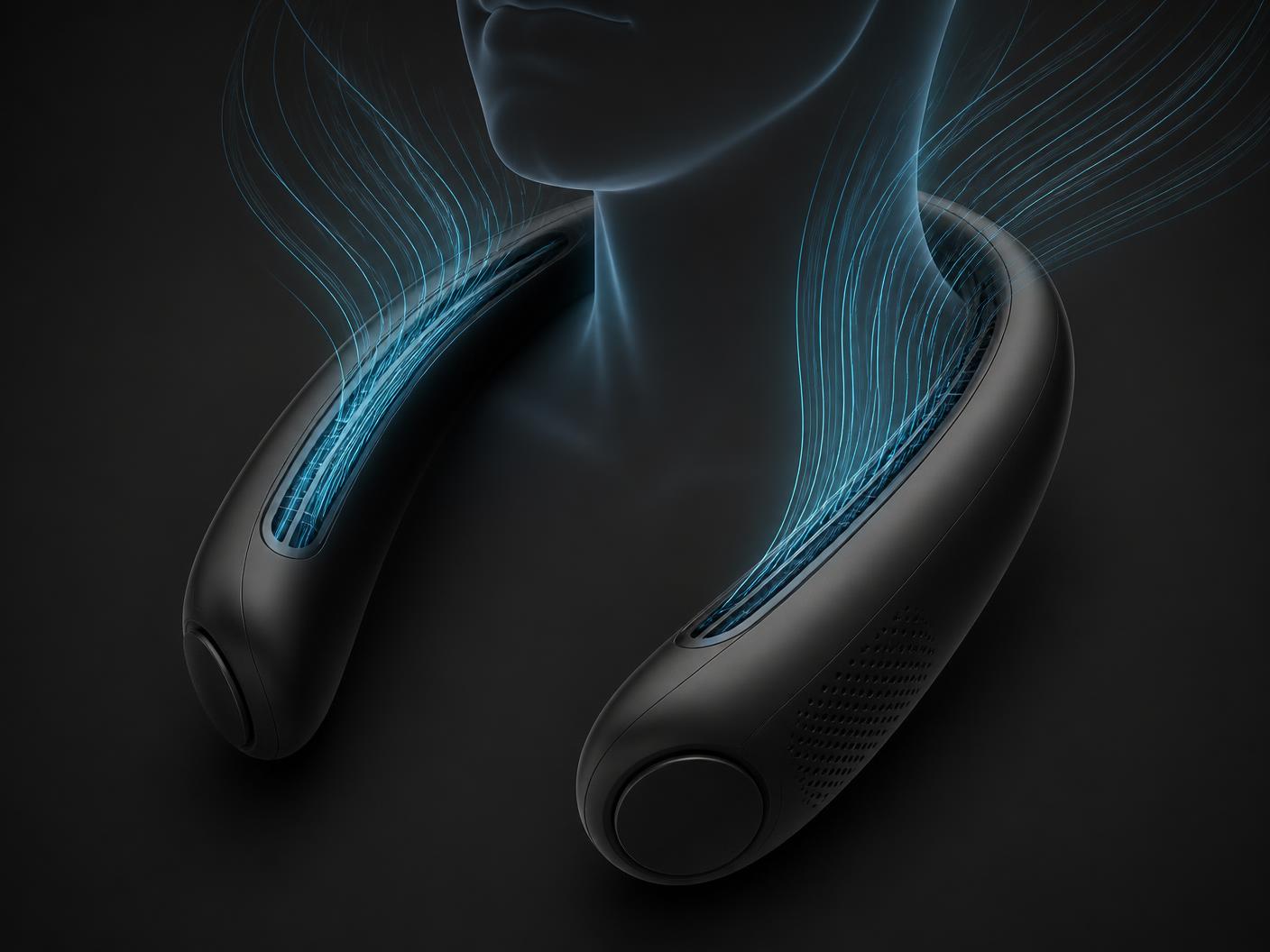 Technical illustration of airflow leaving the TurboCool vents and moving around the neck and jaw