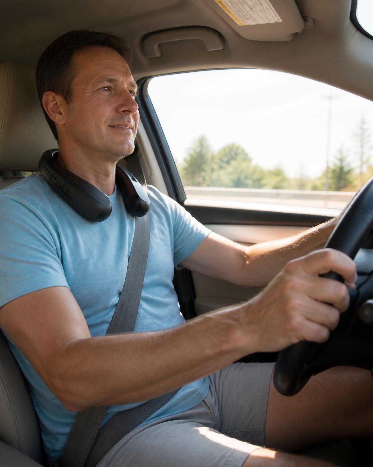 Man wearing the TurboCool neck fan while driving on a hot summer day
