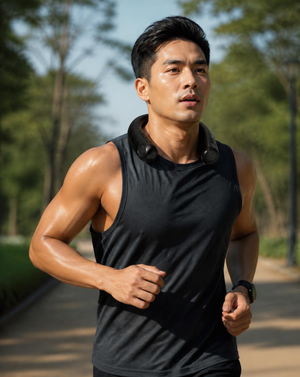 Runner wearing the TurboCool neck fan on a sunlit park trail
