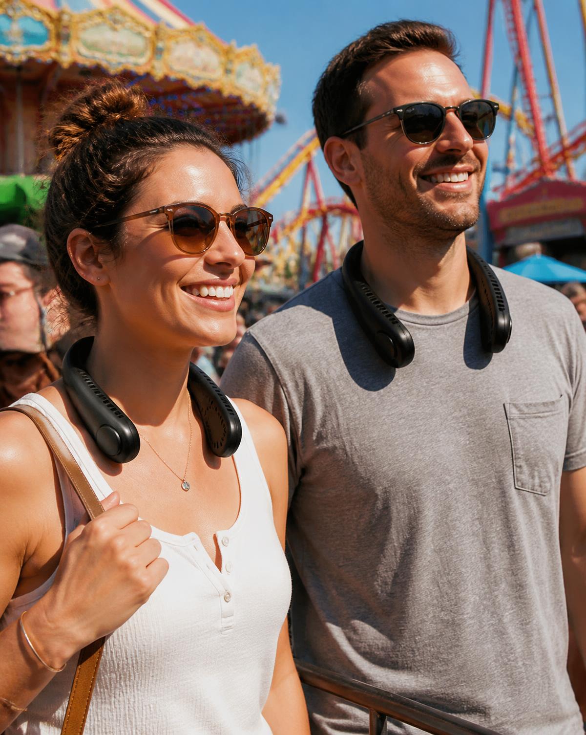 Couple wearing TurboCool neck fans at a summer theme park